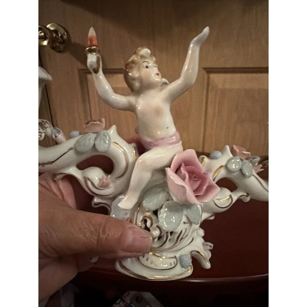 UCACGO Double Candlestick Holder Cherub Pink Roses Hand Painted Porcelain. Japan